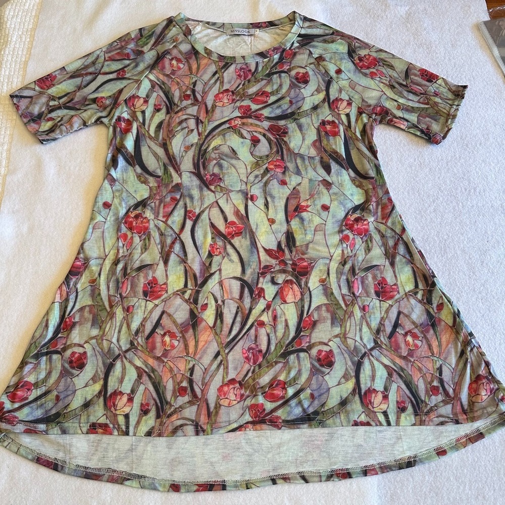 Misslook Floral Tulip Tunic Top Womens M Stained Glass Short Sleeve Swing Art